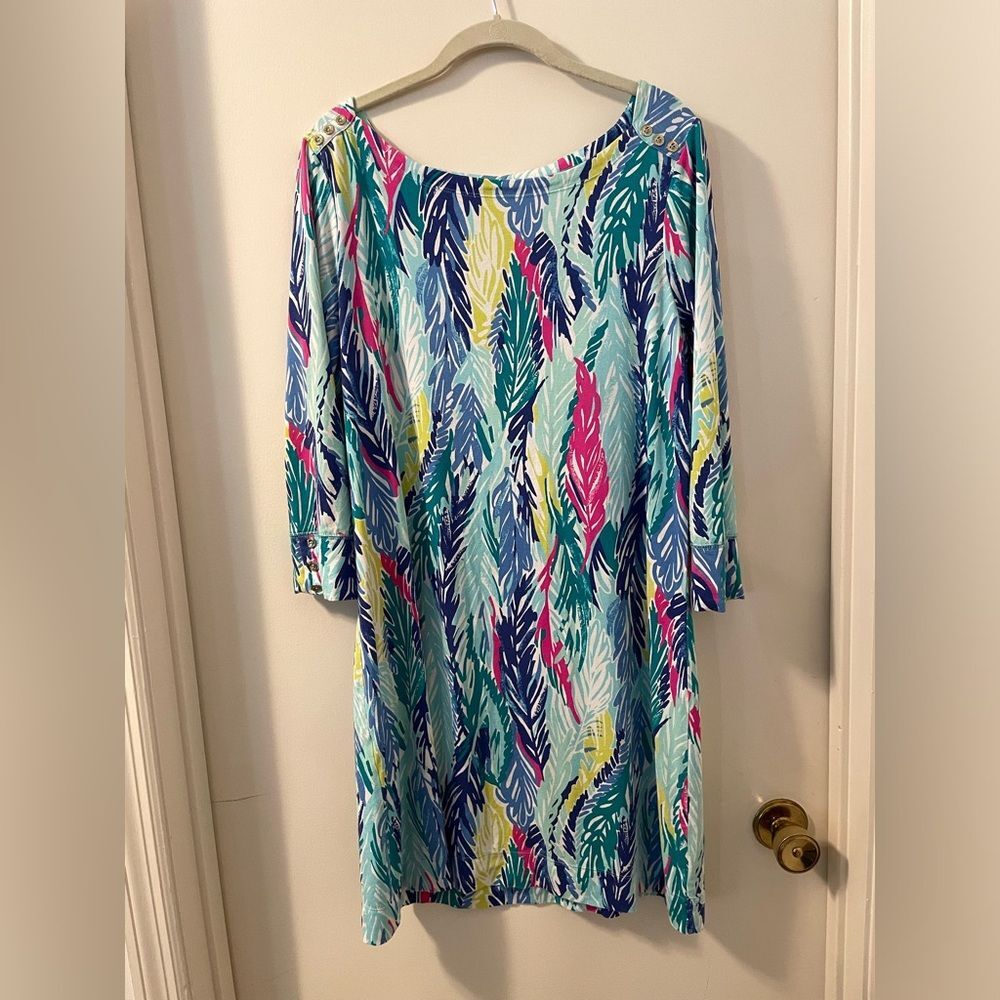 Lilly Pulitzer Light as a Feather Print Sophie Gold Tone Button Knit Dress S XL